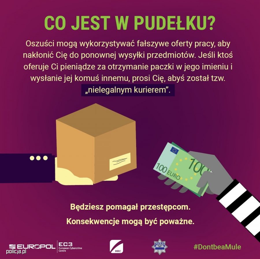 Grafika przedstawia jedną rękę, ktora podaje paczkę a druga trzyma banknoty 100 euro. Powyżej obu rąk napis CO JEST W PUDEŁKU? Oszuści mogą wykorzystywać fałszywe oferty pracy, aby nakłonić Cię do ponownej wysyłki przedmiotów. Jeśli ktoś oferuje Ci pieniądze za otrzymanie paczki w jego imieniu i wysłanie jej komuś innemu, prosi Cię, abyś został tzw. „nielegalnym kurierem”. Ponięj rąk napis Będziesz pomagał przestępcom. Konsekwencje mogą być poważne.