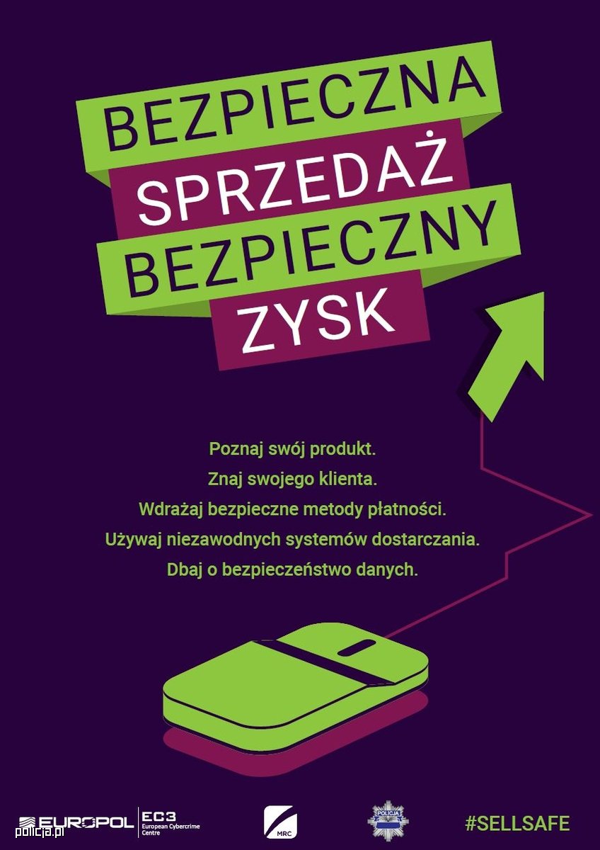 Grafika przedstawia myszkę komputerową poiwyżej której widnieje napis Bezpieczna sprzedaż bezpieczny zysk. Poznaj swój produkt. Znaj swojego klienta. Wdrażaj bezpieczne metody płatności. Używaj niezawodnych systemów dostarczania. Dbaj o bezpieczeństwo danych. Poniżej znajdują się logotypy instytucji wspierających kampanię