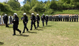 Policjanci z tarczami oraz bronią w trakcie ćwiczeń