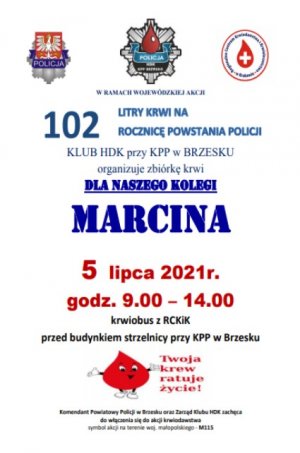 Plakat inforumujacy o zbiórce krwi dla policjanta z KPP Brzesko